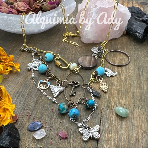 layered turquoise and silver multi charms maximalist bohemian necklace